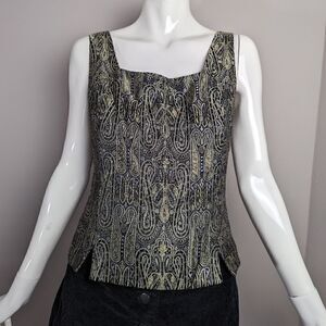 Vintage faux corset tank top brocade square neck paisley print. 10